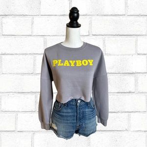 Playboy x Misguided Grey Neon Yellow Cropped Crewneck Sweater Sweatshirt